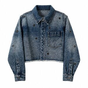 Ethik PTCL cropped denim raw hem jacket silver-tone metal grommet/eyelet Sz S